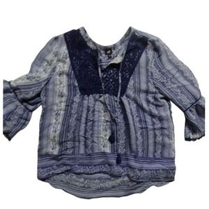 Lee Peasant‎ Blouse Blue Floral Print Lace Trim Boho Top Size Medium
